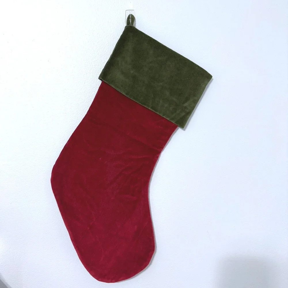 Pottery Barn Christmas Stocking Red Velvet Olive Green Cuff Cotton